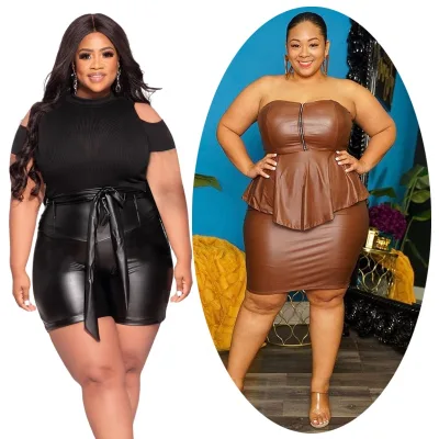 Plus Size Womens Skirt Sets PU Leather 4XL Matching Outfits Peplum Top Two Piece Shorts Set Satin Dress Latex Clothing