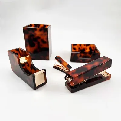 Custom Acrylic Tortoiseshell Color Stationary Set-Modern Office Organizer Single Tier Storage Boxes Customizable Size