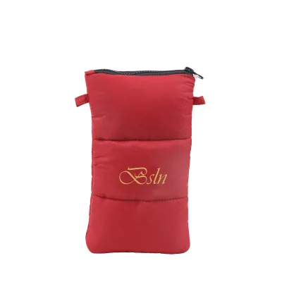 Wholesale OEM ODM Custom Gold Logo Red Puffy Quilted Mini Pouch Shockproof for Travel Phone Lipstick Cosmetic Daily Storage