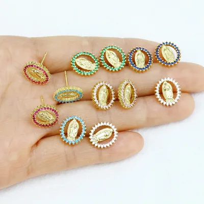 High Quality Religious Fashion Zirconia Round Colored Virgin Mary Stud Earrings