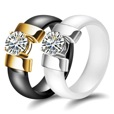 Fashion Ceramic Ring 6mm White&Black Cubic Zirconia Wedding Stainless Steel Rings