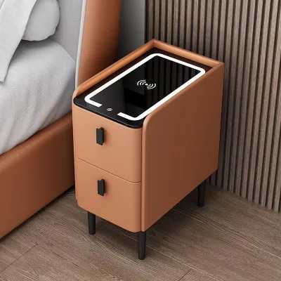Smart Bedside Table Wireless Charging Minimalist Modern Design Light Luxury Quartz-stone Solid-wood Finish Compact Ultra-narrow