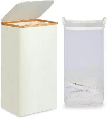 Beige Collapsible Bamboo Laundry Basket Laundry Hamper Storage with Removable Liner