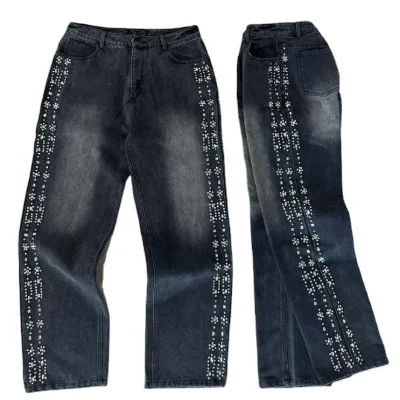 Jeans Manufacture High Quality Custom Men's Oversized Casual Straight Leg Vintage Wash Rhinestone Jeans Denim Pants for Men