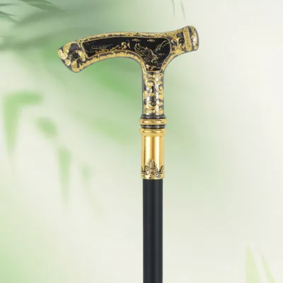 Oriental Dragon Phoenix Carved T Handle Walking Stick Black Gold Embossed Zinc Alloy Vintage Chinese Style Cane Gift Wholesale