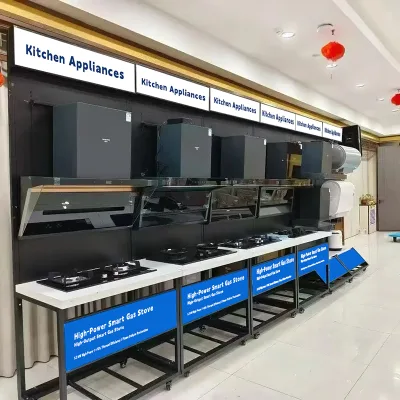 Custom Mobile Floor Standing Gas Stove Display Stand Heavy-duty Steel Frame Retail Exhibition Shelf for Showroom