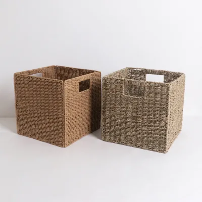 High Quality Wholesale Seagrass Storage Basket Customizable Square Woven Foldable Basket for Sundries