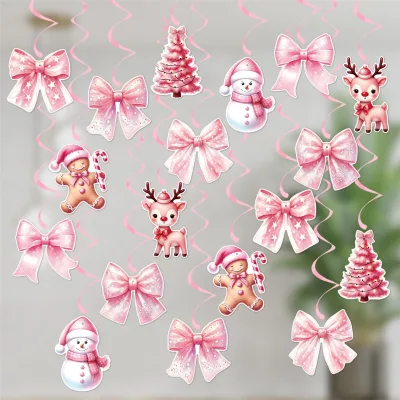 Pink Bow Hanging Decorations Festive Birthday Halloween & Wedding Party Atmosphere Spiral Paper Bow Durable Polyester