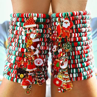 Wholesale Cheap Price Women Girls New Year Christmas Bracelet Gifts Soft Clay Beaded Charm Bracelets Santa Claus Bell Bracelet