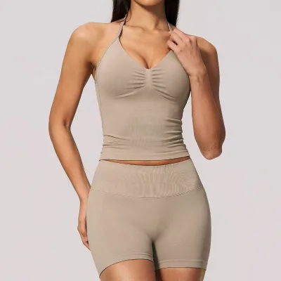 New Custom Female High Quality Lightweight Breathable Seamless Elastic Waist Solid Ruched 2-Piece Gym Wear Fitness Sets Workout