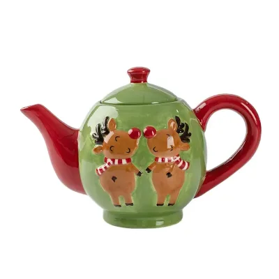 Hand Painted Christmas Ceramic Teapot Tea Pot Reindeer Moose Xmas Theme Personalized
