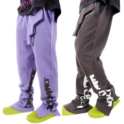Custom 3D Puff Printing Stacked Sweat Pants Cotton Street Wear Pant