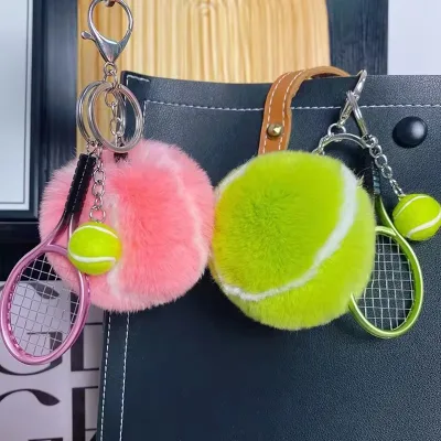 Cute Faux Rex Fur Tennis Car Keychain Pendant Ins Plush Ball School Bag Hanging Ornaments for Girl'S Gift New