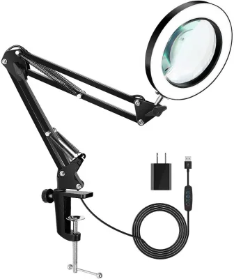 Magnifying Glass with Light and Stand, 5X Real Glass Lens 8-Diopter Magnifying Lamp, 3 Color Modes 10 Brightness Levels