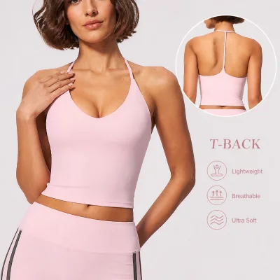 T--back Halter Yoga Crop Top With Built--in Bra for Gym Training and Out Door Sport Wearing