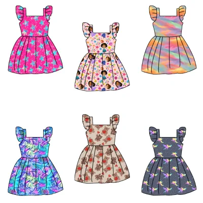 Wholesale Custom Design Little Girls Summer Square Collar Ruffle Sleeve Sweet Dress High Quality Comfortable Kids Dress
