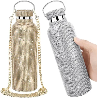 Bling Diamond Stainless Steel Thermos Cup with Chain Strap 600ml Vacuum Insulated Vintage Style Portable for Outdoor Use