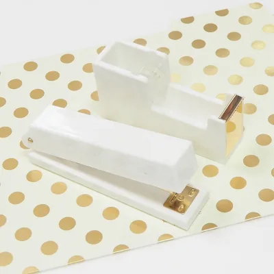 Acrylic White Tape Dispenser Stapler Student Stationery Items with Golden Metal Office Stationery Set