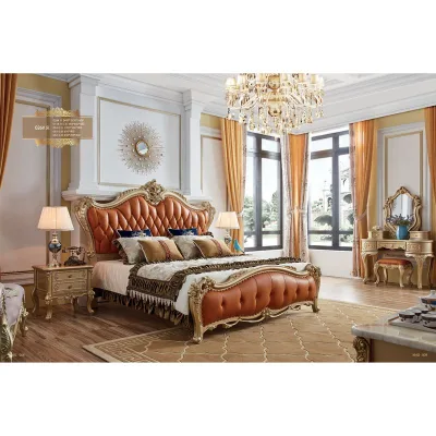 Hot Sale European Royal Bedroom Furniture High Quality Wooden Leather Wedding Bed Designs for Apartment