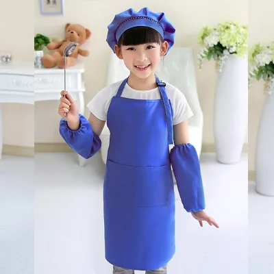 Cute  Chef Hat and Waterproof Cotton Denim Cooking Baking Bib Apron Sets for Kids