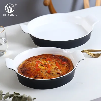 China Supplier Restaurant Matte White Black Color Lasagna Bakeware Ceramic Round Baking Pans with Double Handle
