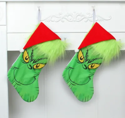Wholesale Christmas Socks Grinch Green Furley Glow Socks Candy Bag Pendants with Lights Christmas Tree Decorations
