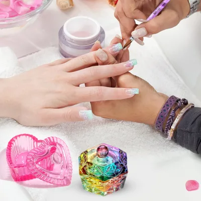 Aurora Effect Multi-Color Nail Art Crystal Glass Cup with Lid Heart/Octagonal/Square Shapes