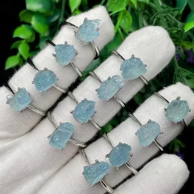 Raw Irregular Natural Aquamarine Ring Open Adjustable Uncut Blue Gemstone Rings Healing Crystal Copper Ring Gifts for Her
