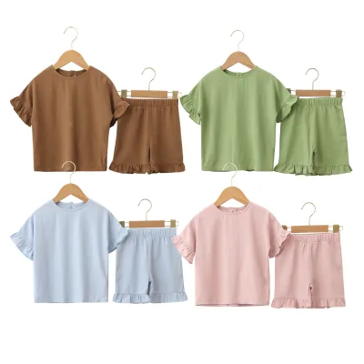Excellent Quality Infant Solid Color Summer Short Sleeves Elastic Waistband Breathable Children Clothes Sets