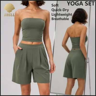 Strapless Bandeau Tube Top and High Rise Pleated Bermuda Shorts Brushed Handfeel Women Two Piece Streetwear yoga Set