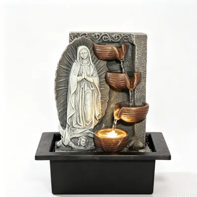 Religious Tabletop Water Fountain with Warm LED Light Our Lady of Guadalupe Statue for Christian Home Office Desk Decor