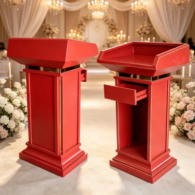 OEM ODM Vintage Metal Church Podium Stand Red Finished Storage Lectern With Drawer For Wedding Event Ceremony Hotel Banquet Hall
