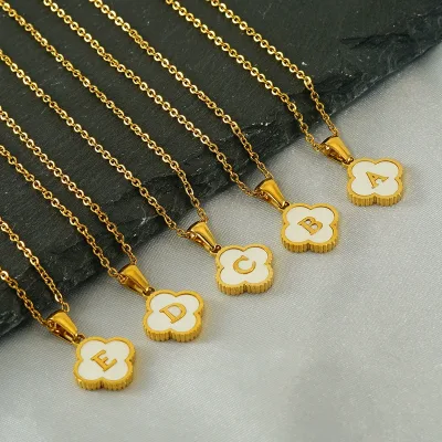 PDANY 18k Gold Plated Stainless Steel Lucky Shell Pearl Clover Necklace A-Z Clover Pendant Initial Necklace for Women Jewelry