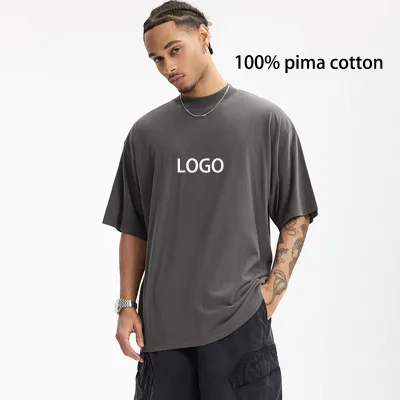 High Quality Men Luxury Soft 100% Pima Cotton T-shirts Oversized Boxy Short Sleeve Blank T Shirt With Wide Neck Collar