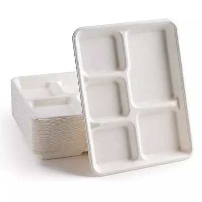 5 Compartment Disposable Sugarcane Food Tray Plate Eco-Friendly Biodegradable Party Recycled Custom Logo High Quality