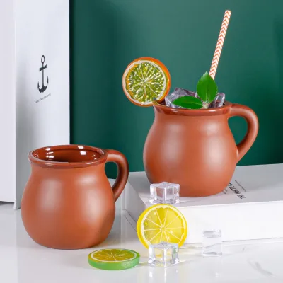 OEM & ODM Cantarito Terracotta Mug With Handle Vintage Ceramic Clay Cup for Cocktail Tequila Beverage