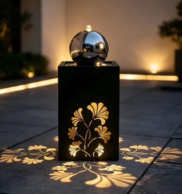 Outdoor Freestanding Metal Water Fountain, Ginkgo Leaf Cutout Lighted Fountain with Polished Sphere
