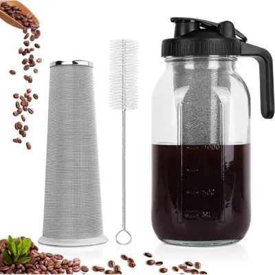 Hot Sell 32oz 64oz Mason Jar Pitcher with Premium Stainless Steel Filter and Handle Cold Brew Coffee Maker and Fruit Beverage
