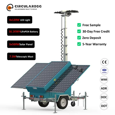 Single Axle Trailer Solar MPPT IP65 Rated Tower Lights 16.1kWh LiFePO4 Battery 5-Year Warranty for Sports Stadium Temporary Use
