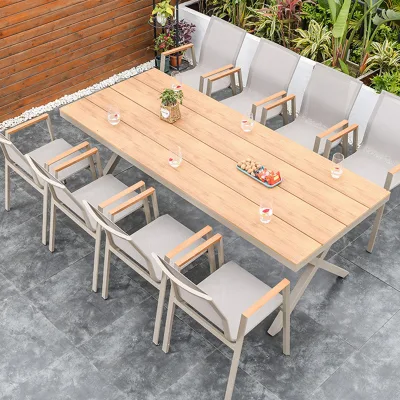 Nordic Outdoor Garden Dining Set Aluminum WPC Table Stackable Textilene Armchairs Weather Resistant Backyard Patio Furniture