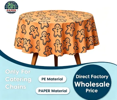 Waterproof Christmas Disposable Tablecloth Gingerbread Man Printed Round PE Table Cloth for Catering Chains and Party Events