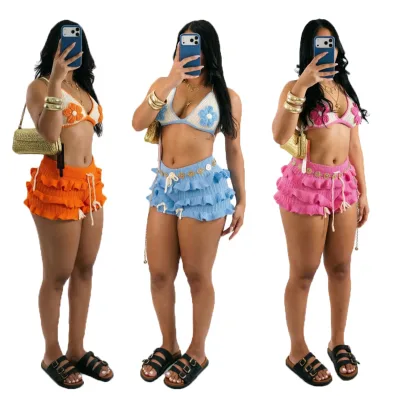 BH1812 New Casual Knitted Hand Hook Ruffled Strap Above Knee Summer Beach Shorts for Women