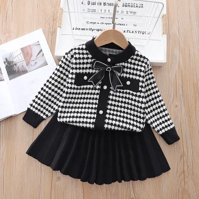 Cute Girls Autumn Winter Outfit Long Sleeve Cotton Cardigan Pleated Skirt Set Solid Casual Princess Look Mix for Children