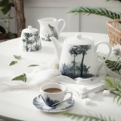 Hot Sale Chinese Style Porcelain Tree Pattern Matt Coffee Tea Set Ceramic Tea Pot Coffee Cup Saucer