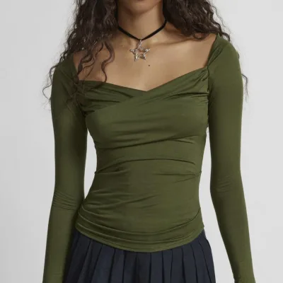 Customized Wholesale Autumn New Fashion Temperament Elegant Solid Color Square V-Neck Cross Pleated Long Sleeve Women's Blouse