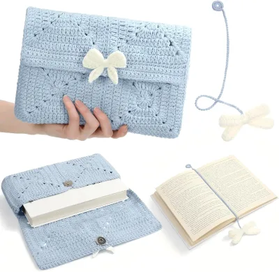 Blue Crochet Book Cover Protector with Magnetic Snap Washable Bible Bag Pouch Christian Gift for Women Book Lover Gifts