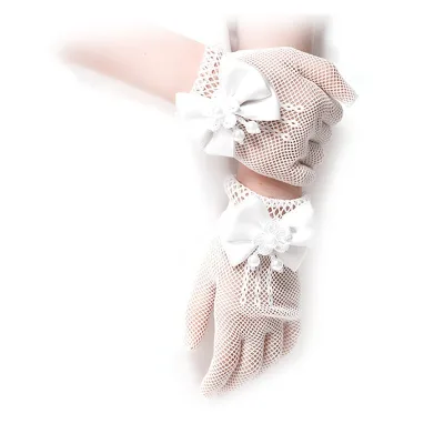 Children's Wedding Party Performance Decoration Mesh Girls Wedding Glove Bow Pearl Flower Mesh Children's Gloves 5-15yrs