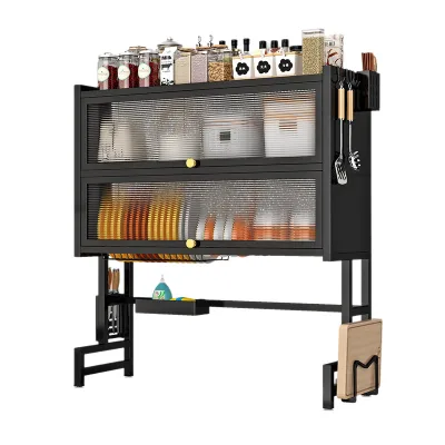 Black Metal Over Sink Kitchen Storage Rack with Glass Doors Multi Tier Freestanding Cabinet Organizer with Knife Block