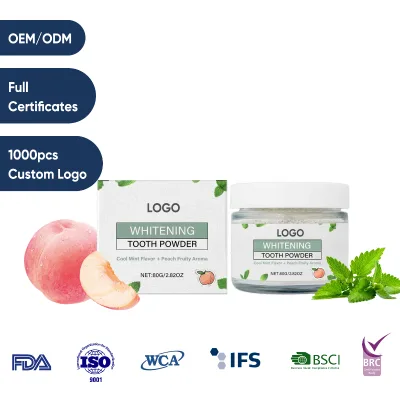 Private Label Fluoride Free Nature Dental Powder Infused with Real Peach Essence Menthol Active Ingredient Refreshing Oral Care