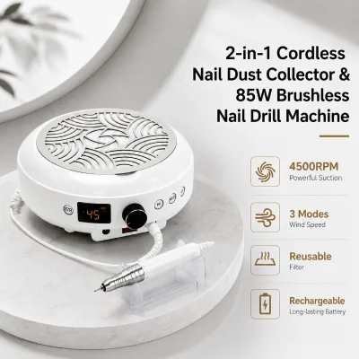 All in One Nail Dust Collector with with 3 Level Suction and 85W Brushless Drill for Nail Studio